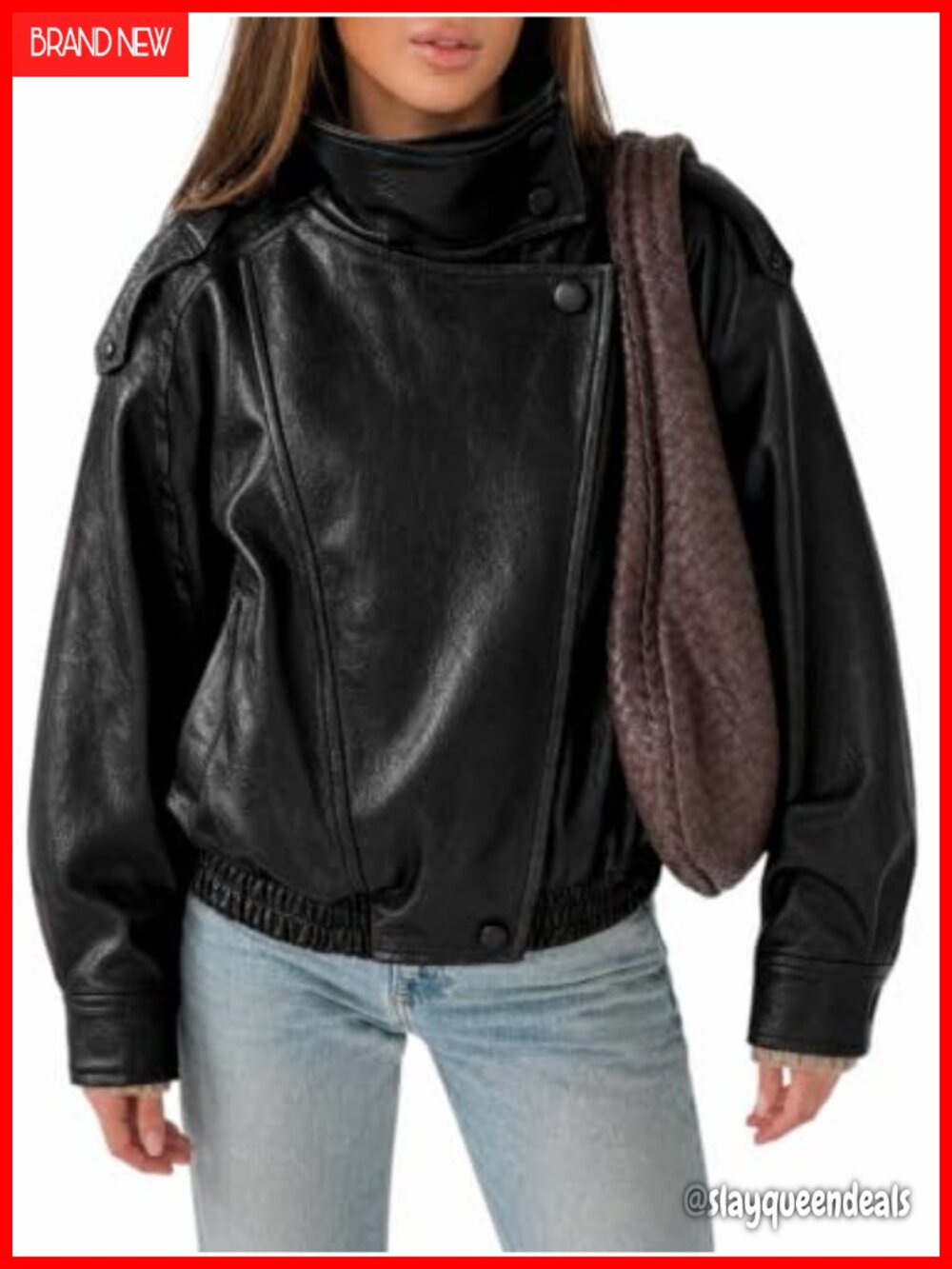 Oversized Faux Leather Bomber Jacket Zip Up Motor Biker Coat